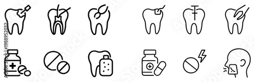 Dental health icons with tooth pill bottle outline