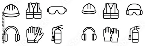 Safety icons with helmet vest goggles outline minimal