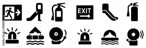 Safety icons with extinguisher exit alarm flat