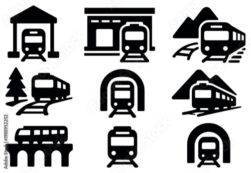 Rail transport icons with train tunnel bridge minimal