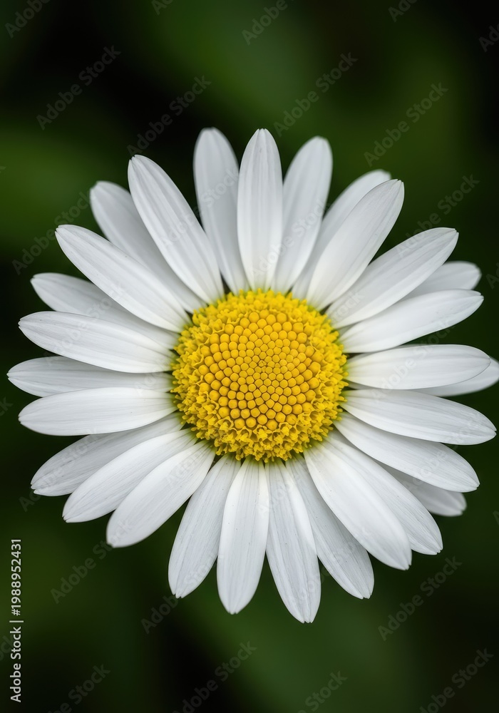 Fototapeta premium Detailed macro view of a classic white daisy showing delicate petals and a vibrant yellow center surrounded by soft green foliage ,herbaceous ,detail ,nature