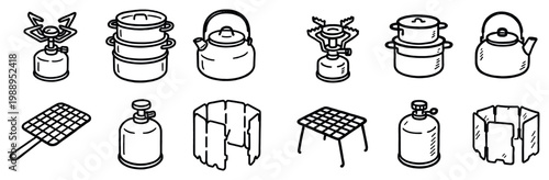 Camping icons with stove kettle cookware minimal