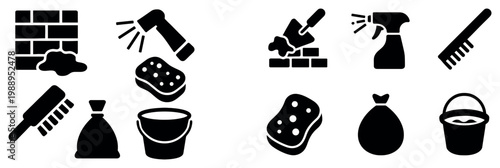 Cleaning icons with sponge brush bucket glyph