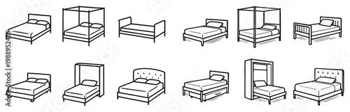 Bedroom icons with bed canopy frame outline