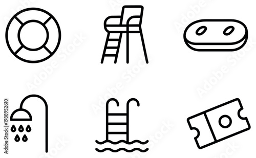 Pool safety icons with lifebuoy chair ladder minimal