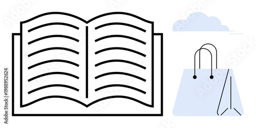 Education, online shopping, cloud services, e-commerce, study materials, digital resources. Open book, shopping bag and a cloud icon. Education and online shopping conceptual