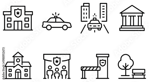 Security icons with police car and station outline