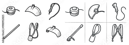 Equipment icons with reel strap pole sketch