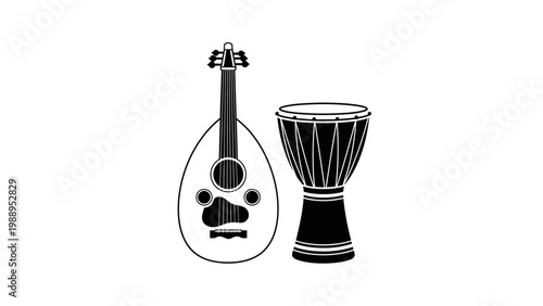 Traditional Arabic Musical Instruments Oud and Darbuka Illustration.