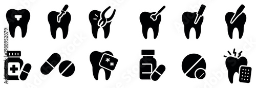 Dental icons with tooth pill pliers clean