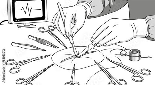 Close up of surgeon hands performing surgery with scalpel and medical instruments in operating room.