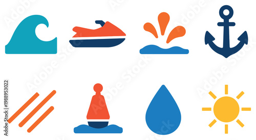 Nautical icons with wave jet ski flat