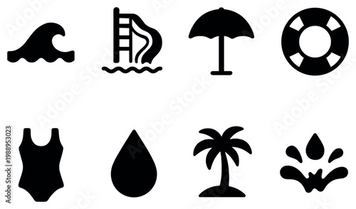 Beach icons with wave umbrella lifebuoy bold