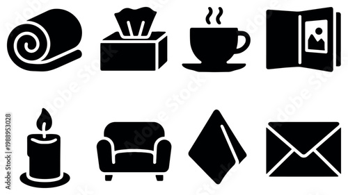 Home icons with towel tissue cup candle minimal