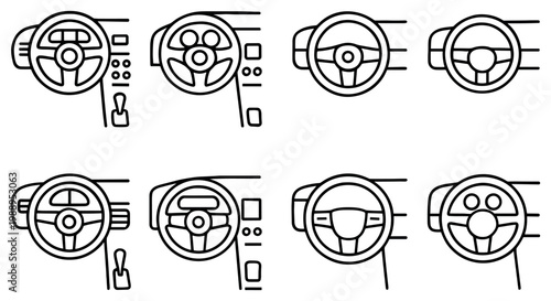 Automotive icons with steering wheel and dashboard outline style