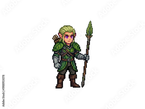 pixel art of a brave elven warrior standing with a leaf-bladed spear, wearing green forest armor and leather boots on white.
