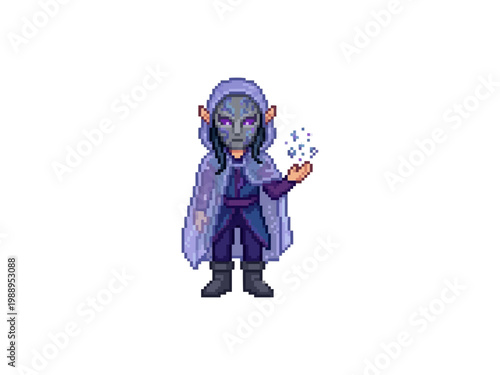 pixel art of a mysterious dark elf sorcerer wearing a masked hood and translucent cape, conjuring magical blue energy sparks.