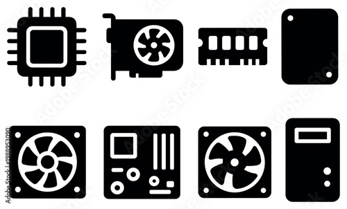 Technology icons with cpu gpu ram fans bold