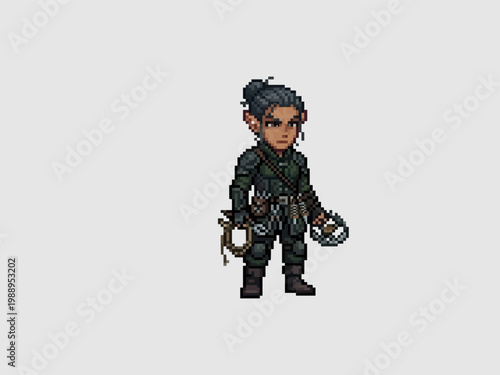 pixel art of a female dark elf assassin wearing tactical green scout armor and holding a rope and metal trap.
