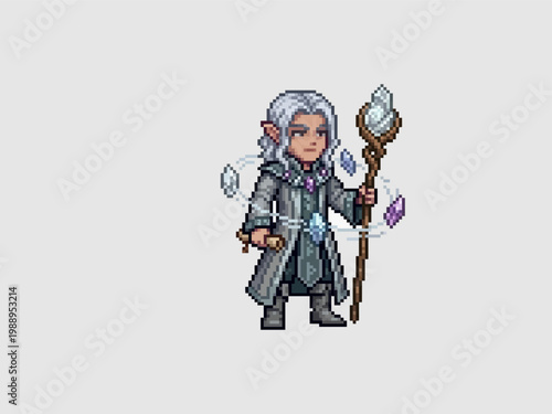 pixel art of a silver-haired elf sorcerer in grey robes surrounded by floating magical crystals and holding a staff.