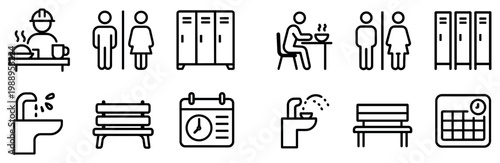 Public facility icons with bench locker sink minimal