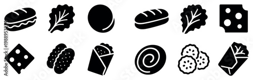 Food snack icons with burger lettuce wrap flat