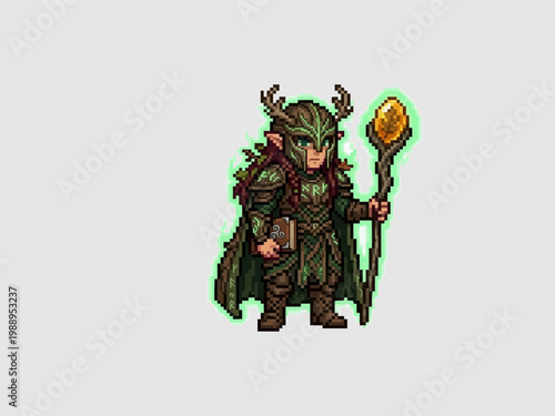 pixel art of a bearded elf warden wearing runic carved armor and holding a staff with a glowing amber.