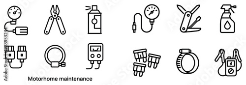 Motorhome maintenance icons with gauge pliers spraycan outline