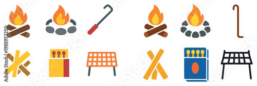 Camp icons with fire log match grill flat