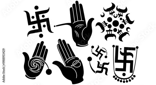 Indian Spiritual Symbols Set - Swastika and Mudra Hand Icons