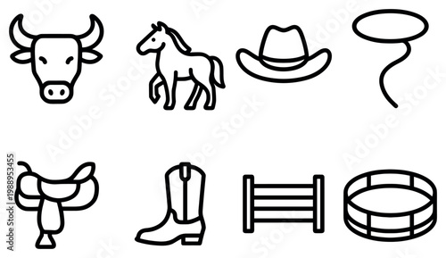 Western icons with bull horse hat outline