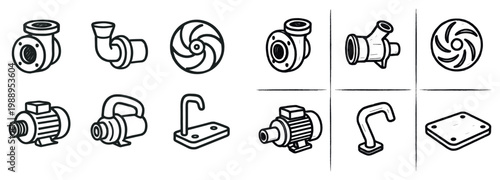 Industrial icons with pump motor impeller outline
