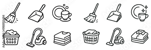 Cleaning icons with broom vacuum minimal outline