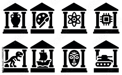 Museum icons with vase dinosaur ship solid