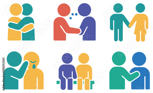 Social icons with hug handshake comforting colorful