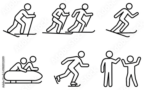 Winter sport icons with skier skates bobsled line