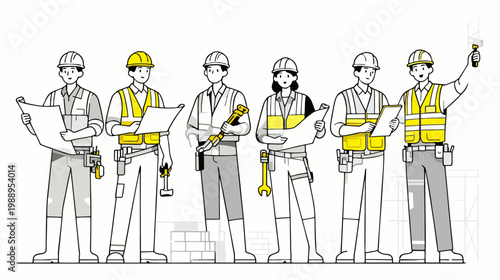 Minimalist flat vector illustration construction team in a structured pose, wearing safety helmets and vests