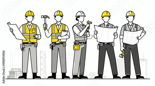 Minimalist flat vector illustration construction team in a structured pose, wearing safety helmets and vests