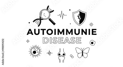 Autoimmune disease medical concept with health icons, line art vector illustration.