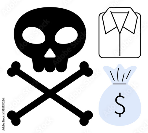Danger, financial risk, illegal trade, business threats, crime, decision-making. Skull and crossbones, shirt icon and a money bag with a dollar sign. Danger and financial risk concepts