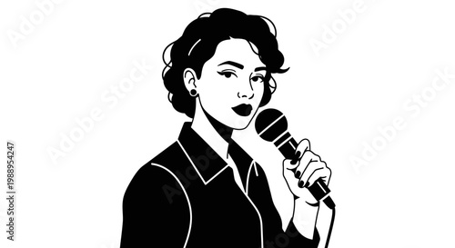 Woman singer holding a microphone, female vocalist silhouette vector illustration.
