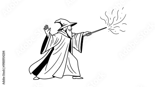 Wizard casting a magic spell with wand, line art vector illustration.