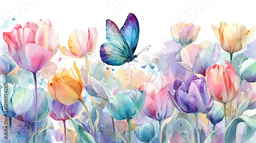 watercolor botanical butterfly and flowers texture template background.Elegant wedding invitation card background . Minimal hand painted Design for wedding or Valentine's Day