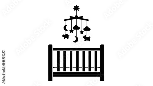 Baby crib icon with hanging mobile toy, silhouette vector illustration.