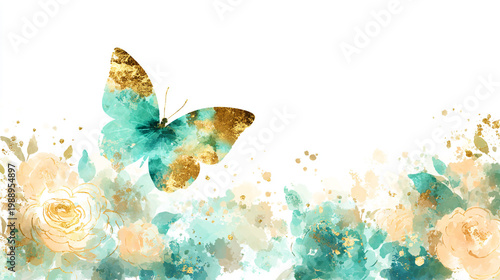 watercolor botanical butterfly and flowers texture template background.Elegant wedding invitation card background . Minimal hand painted Design for wedding or Valentine's Day