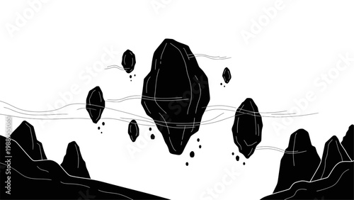 Minimalist black and white illustration of floating islands or magical levitating rocks in a surreal landscape.