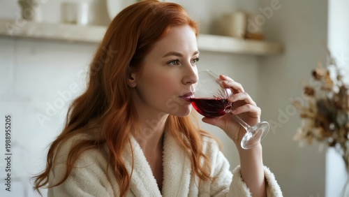 Woman in white robe sipping red wine while looking thoughtfully to the side in a cozy indoor setting