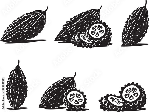 Bitter Gourd Silhouette Set – Kerala Vegetable Icons Collection, Whole and Cut Bitter Melon Black Vector