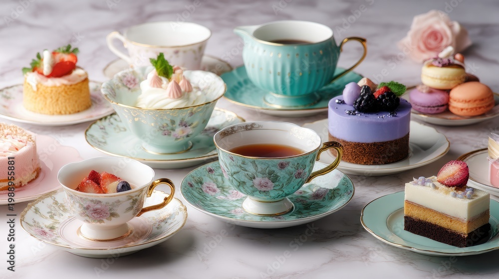 Fototapeta premium Elegant Afternoon Tea Set with Assorted Desserts and Pastries
