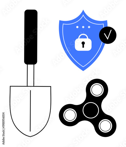 Security concept. Security shield with lock protection, alongside a trowel tool and a fidget spinner. Emphasizing security, utility, and creativity. For safety, work, recreation concepts
